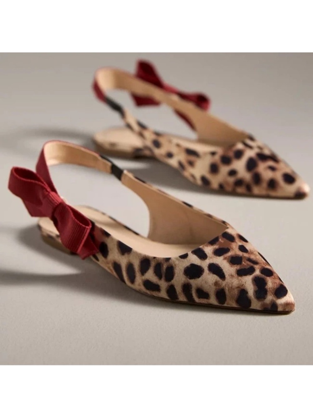 Anthropologie Maeve animal Print Pointed Slingback Flats with Red Bow 6